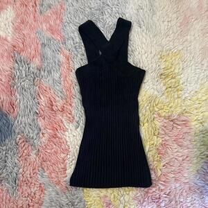 y2k black silk ribbed cross neck halter top